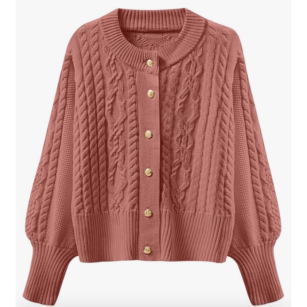 Boutique Cable Knit Cropped Cardigan Sweater Womens Lrge  Rose Cottagecore NWT